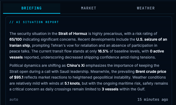 HormuzWatch briefing tab — real Claude AI situation report, risk 65/100, U.S. seizure of Iranian ship TERMEH