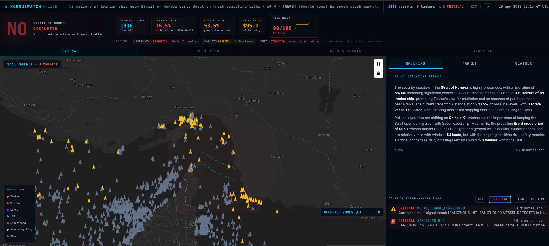 HormuzWatch live dashboard — vessel map, AI briefing, risk heatmap